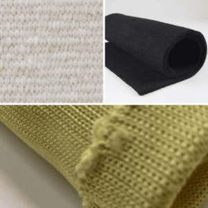 Textiles techniques : un tiss en haut à gauche, un feutre en Préox en haut à droite et une gaine tricotée en aramide en bas