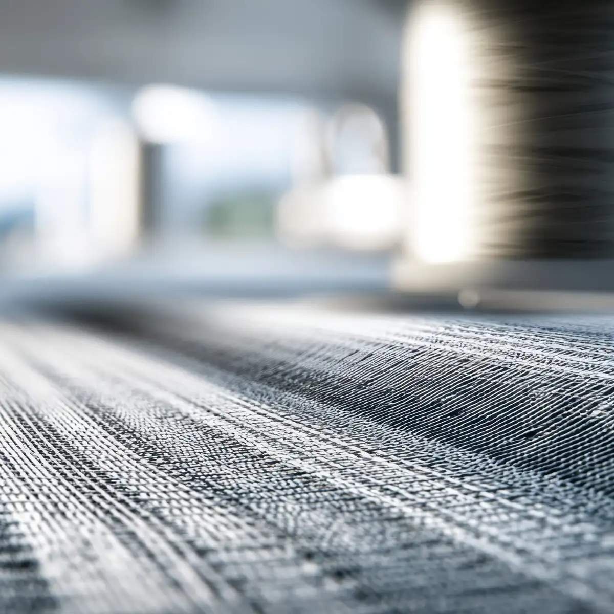 Texture tissu technique Gros plan sur la texture tissée d'une bande technique industrielle avec bobines de fil en arrière-plan flou